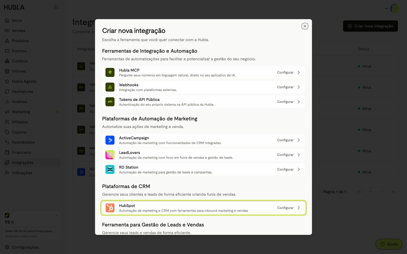 Janela Criar nova integração com a opção HubSpot em destaque