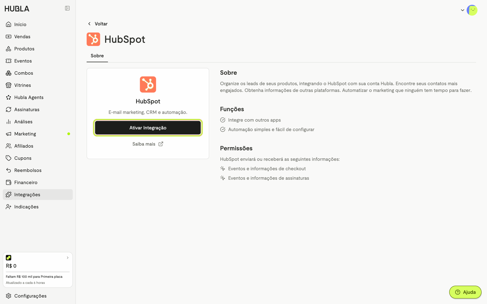 Página da integração HubSpot com o botão Ativar Integração