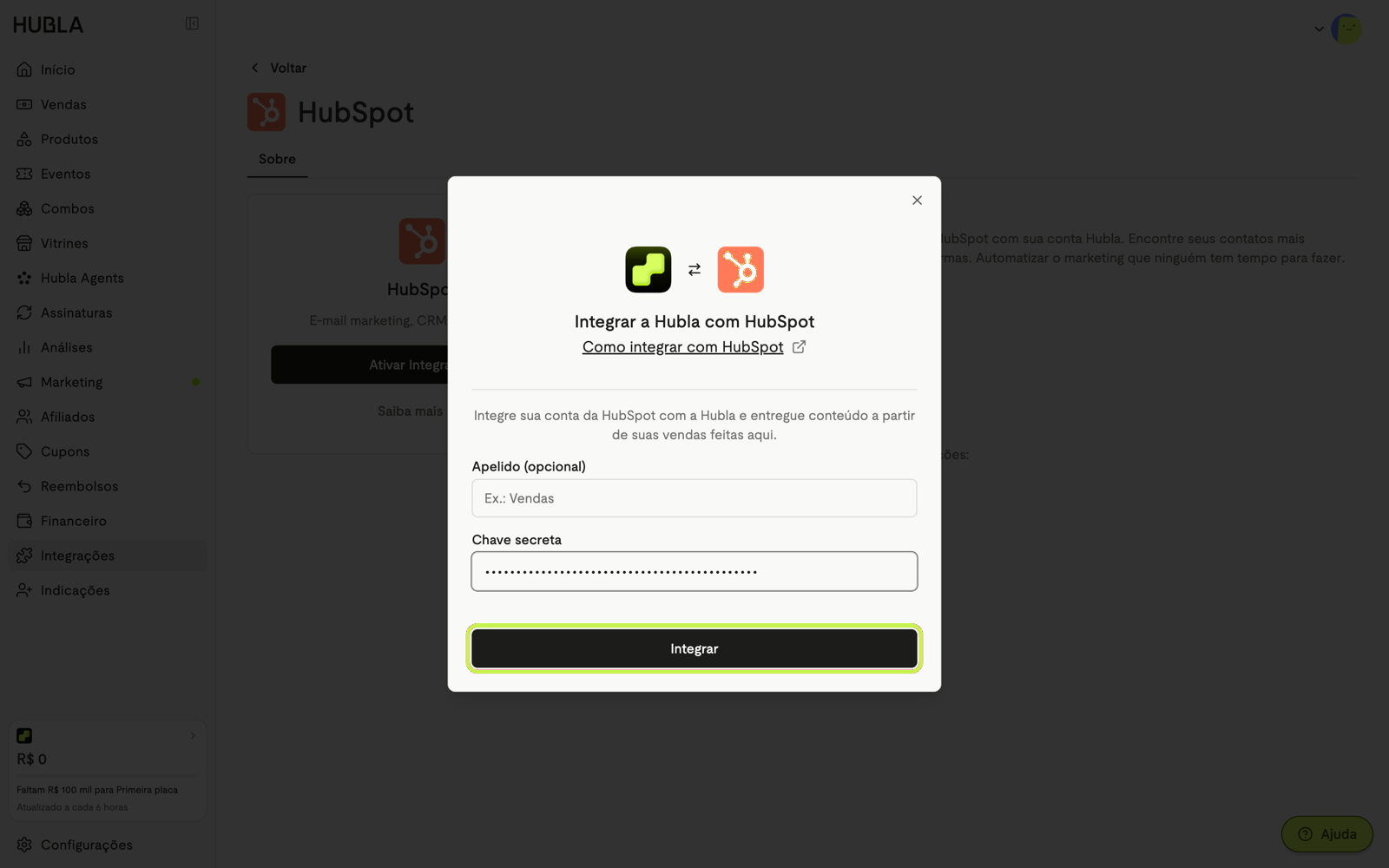 Janela Integrar a Hubla com HubSpot com os campos Apelido e Chave secreta