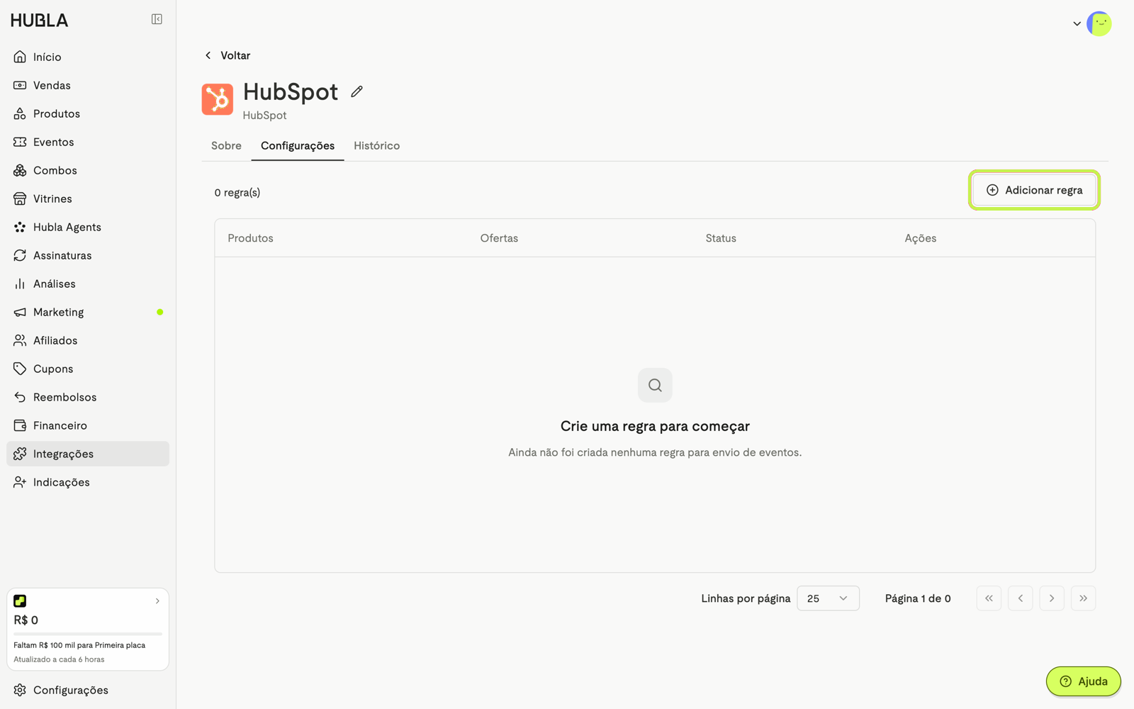 Aba Configurações da integração HubSpot com o botão Adicionar regra