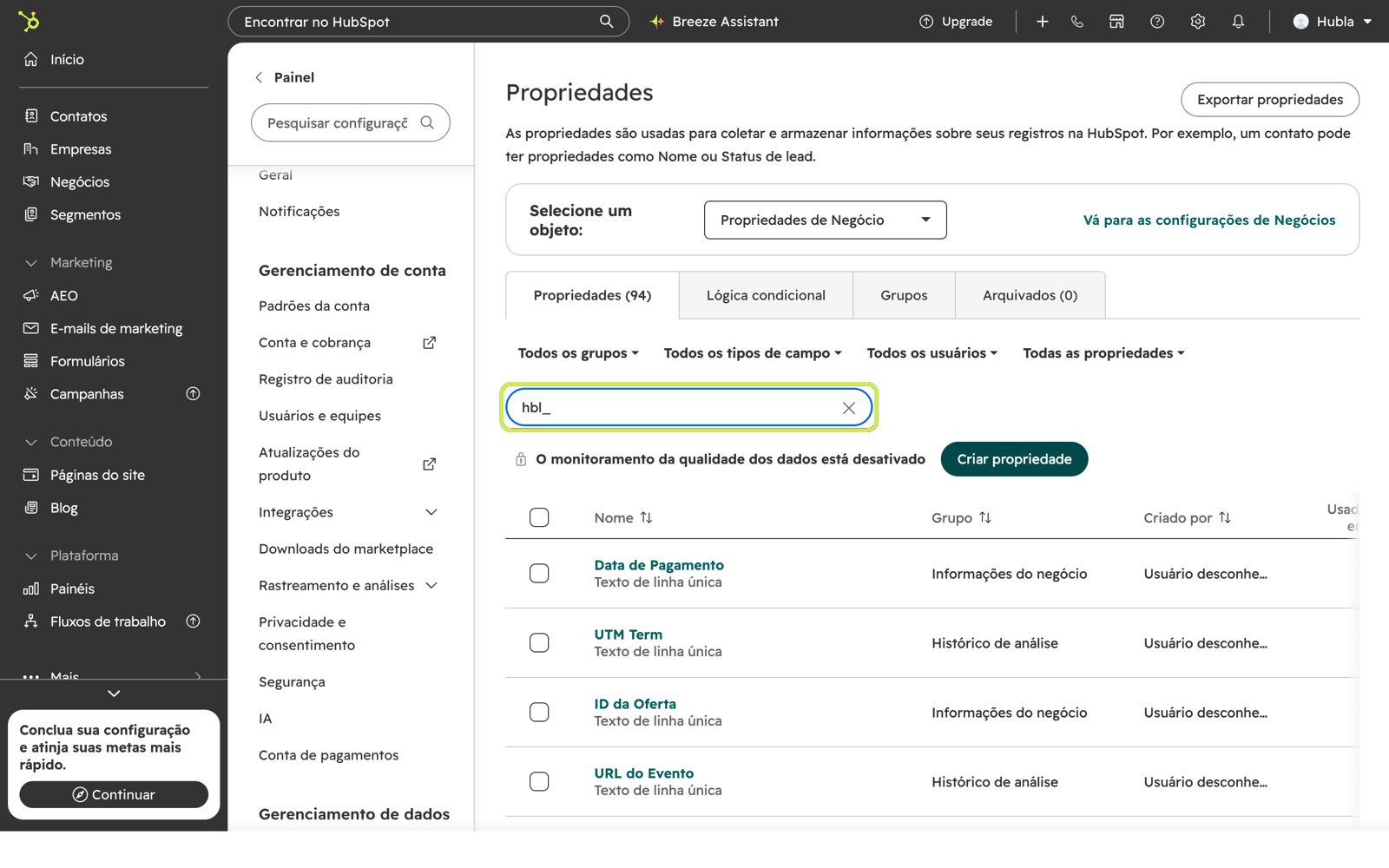 Tela Propriedades do HubSpot com a busca hbl_