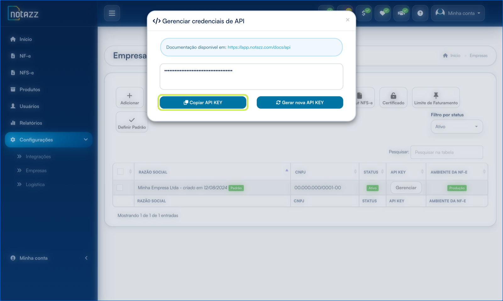 Janela Gerenciar credenciais de API do Notazz com o botão Copiar API KEY em destaque