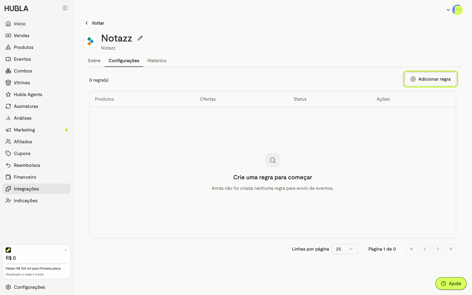 Aba Configurações da integração Notazz com o botão Adicionar regra em destaque