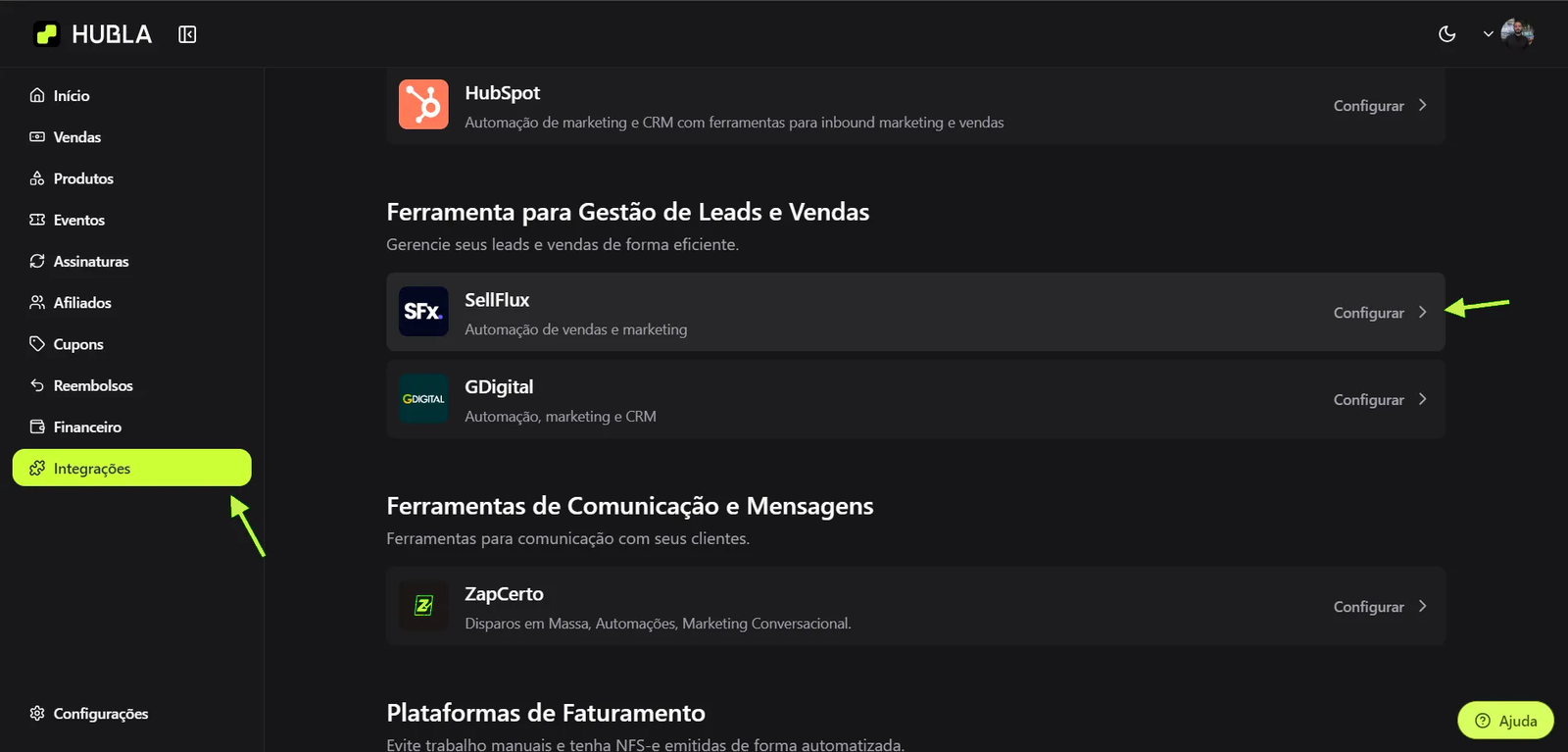 Tela Integrações da Hubla com a SellFlux na seção Ferramenta para Gestão de Leads e Vendas