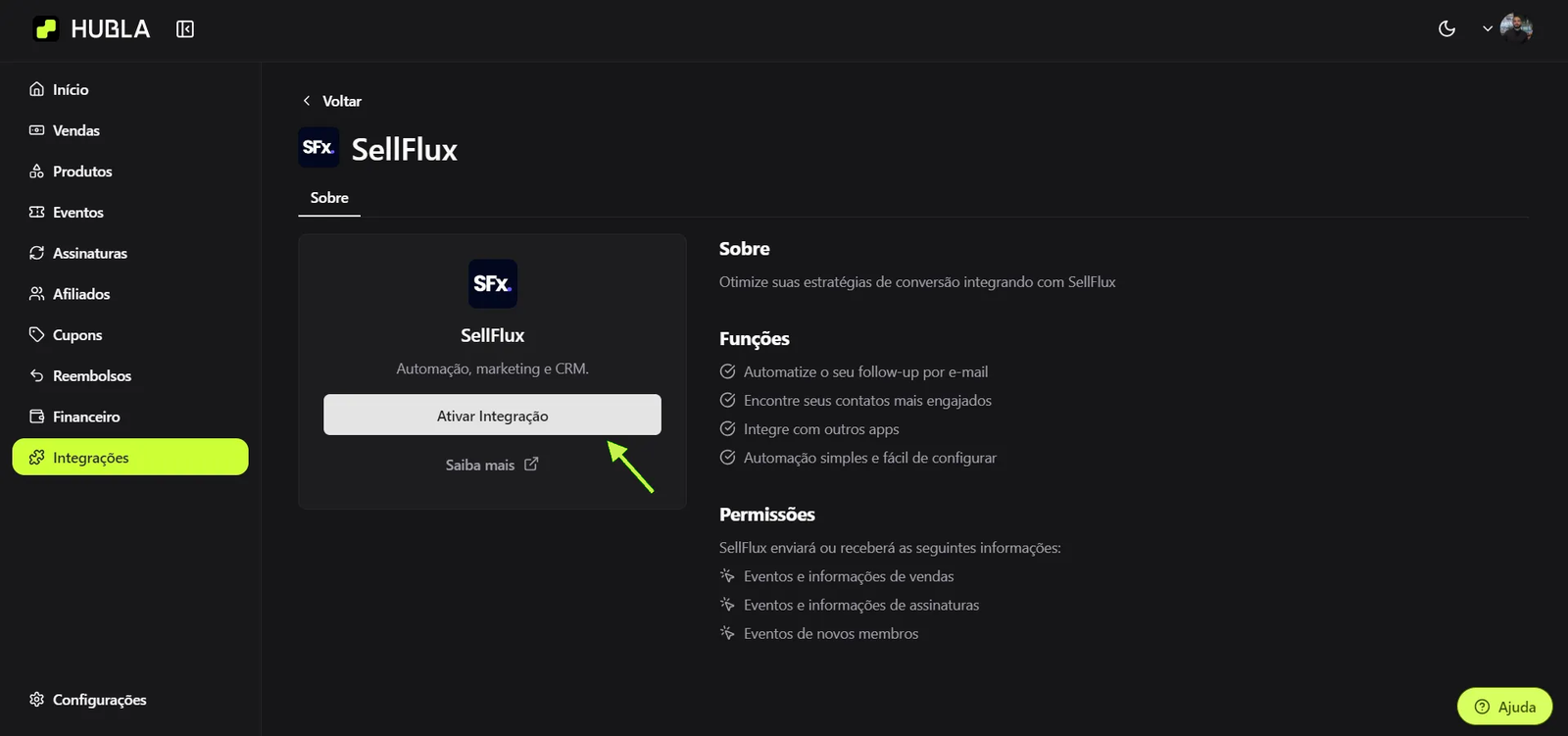 Página da integração SellFlux com o botão Ativar Integração