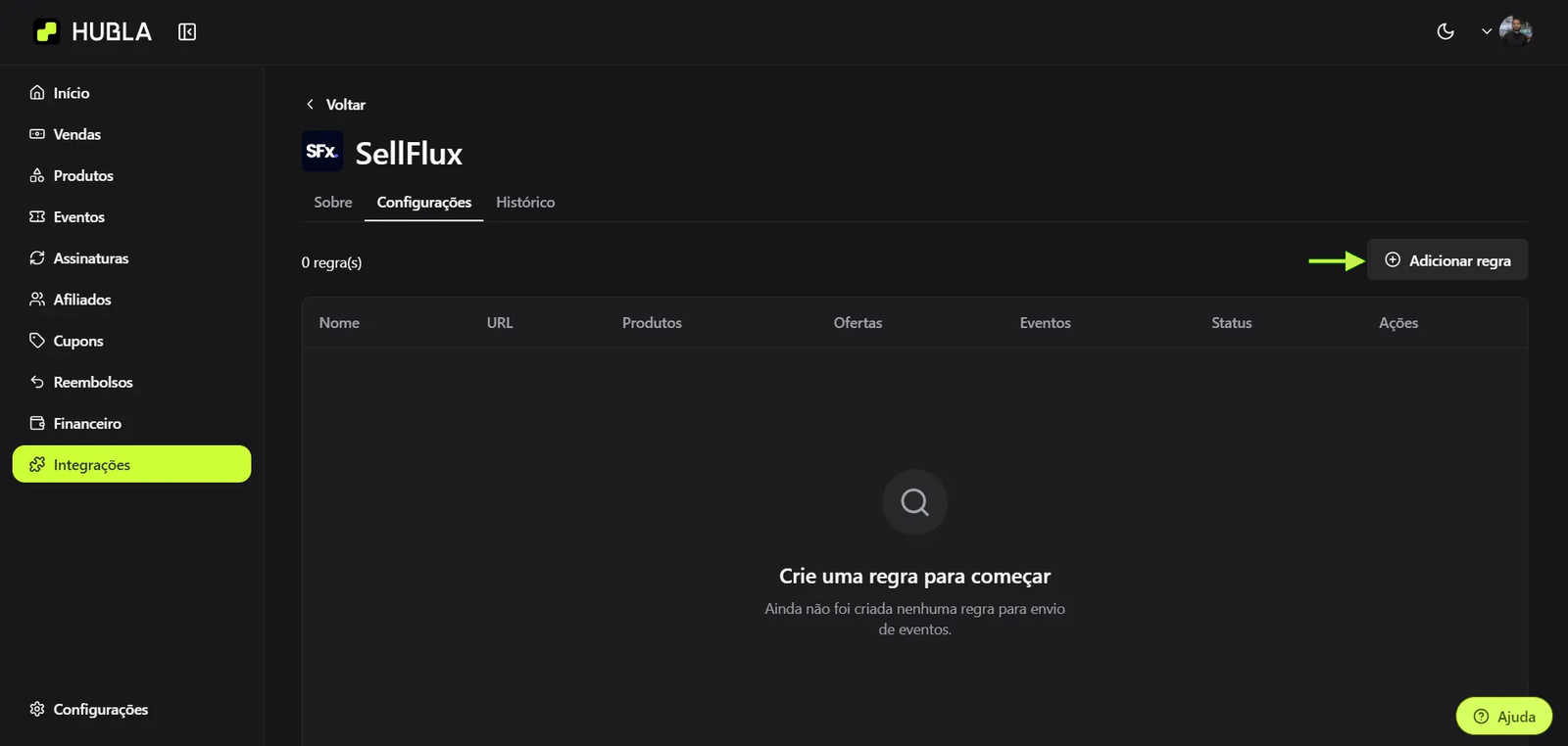 Aba Configurações da integração SellFlux com o botão Adicionar regra