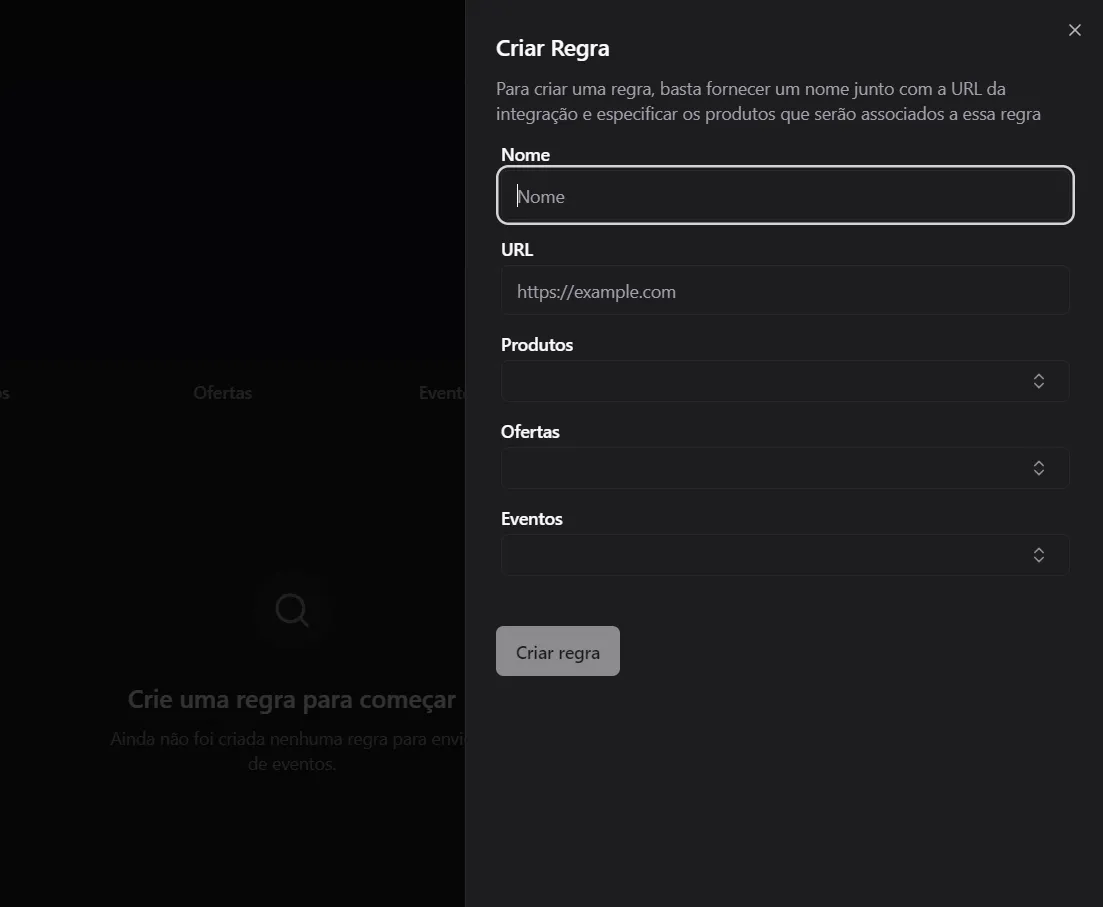 Formulário Criar Regra com os campos Nome, URL, Produtos, Ofertas e Eventos