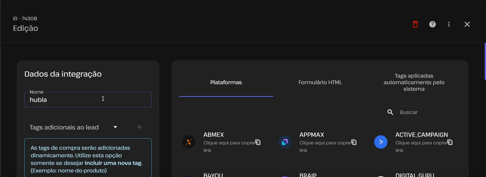 Tela Edição do webhook na SellFlux