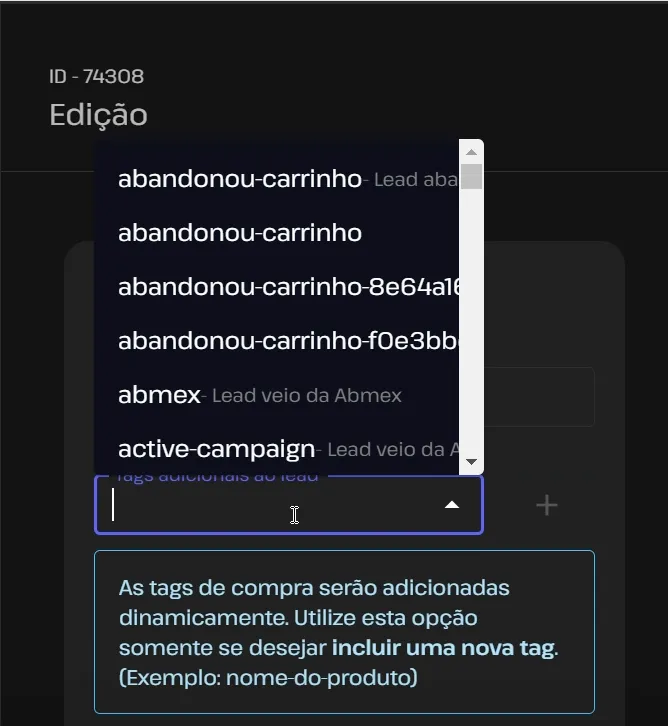 Lista de tags do webhook na SellFlux