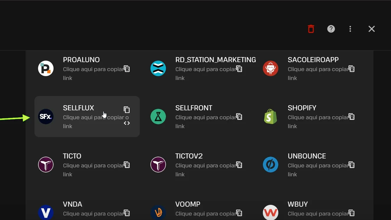 Lista de plataformas no webhook da SellFlux com a opção SELLFLUX em destaque