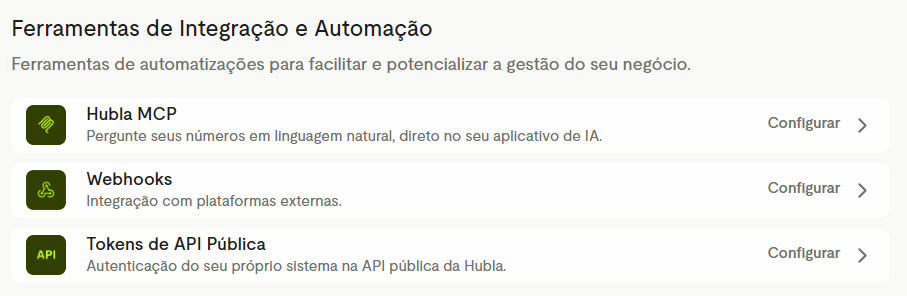 Ferramentas de Integração e Automação: Hubla MCP, Webhooks e Tokens de API Pública