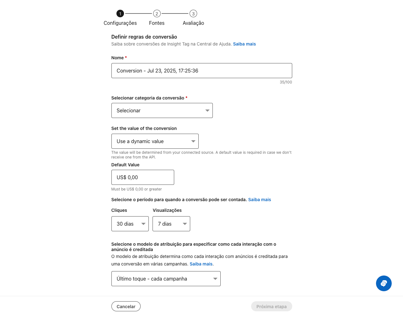 Tela Definir regras de conversão do LinkedIn