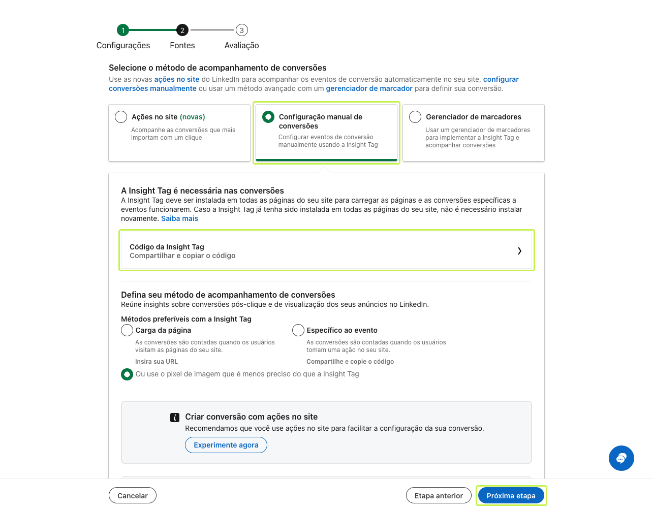 Opção Configuração manual de conversões e Código da Insight Tag