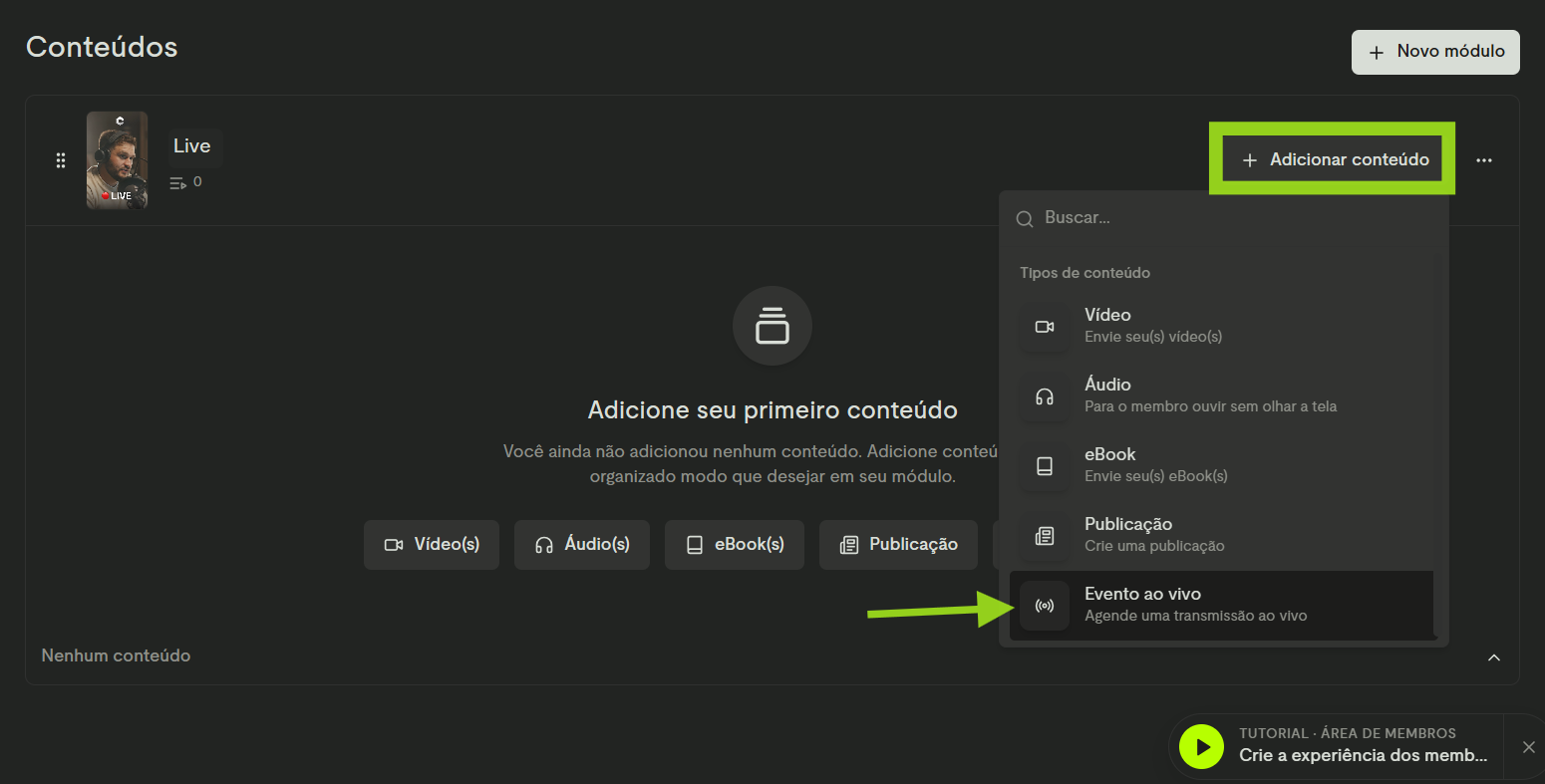 Menu Adicionar conteúdo com a opção Evento ao vivo destacada
