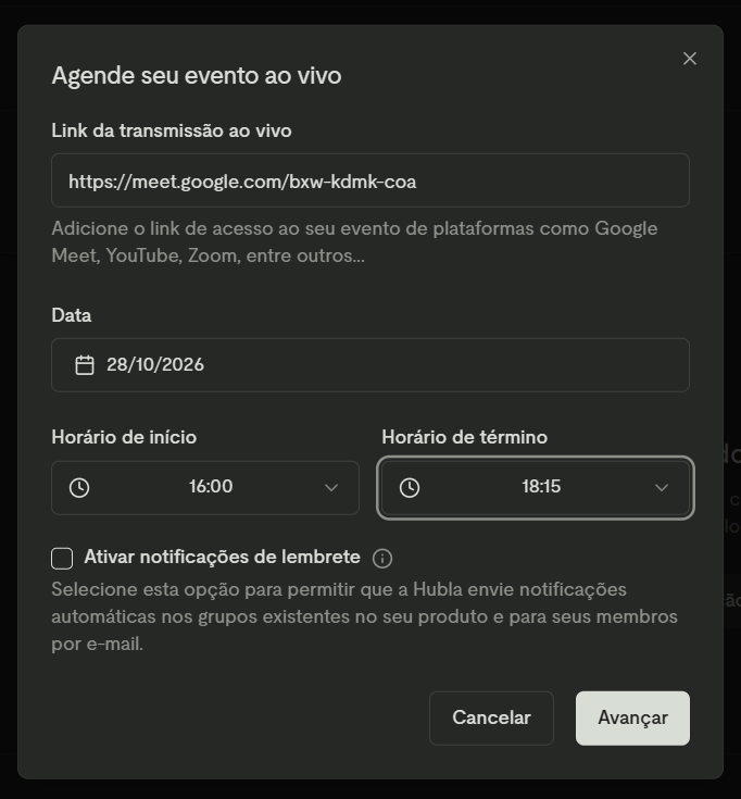 Janela Agende seu evento ao vivo com link, data, horários e a opção de notificações de lembrete