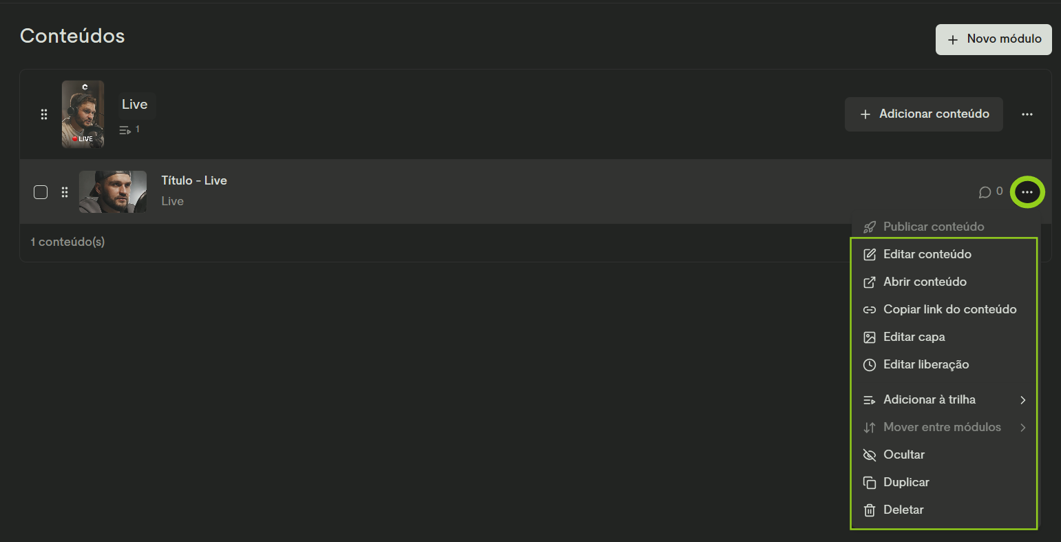 Menu dos 3 pontinhos do conteúdo com as opções Editar conteúdo, Abrir conteúdo, Copiar link do conteúdo e outras