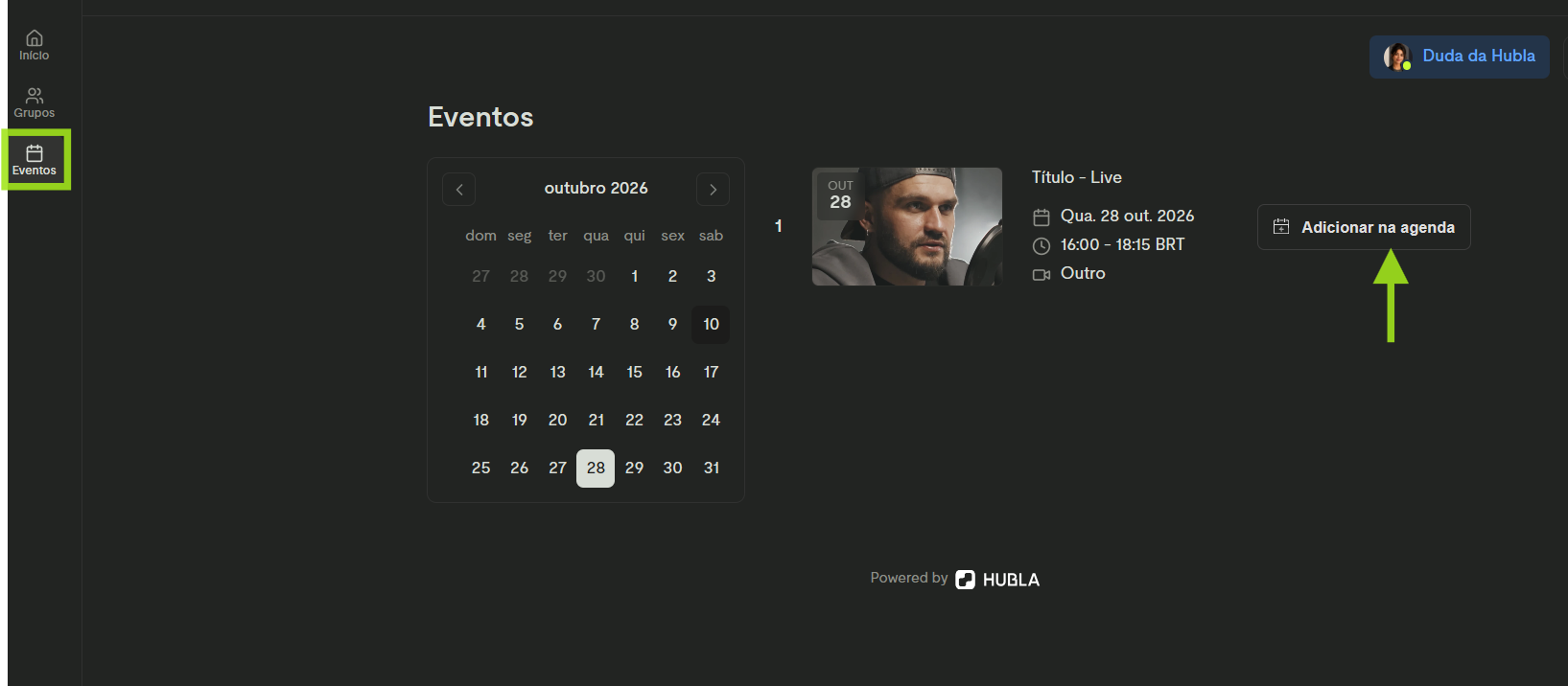Página Eventos da área de membros com calendário e a live agendada, com o botão Adicionar na agenda