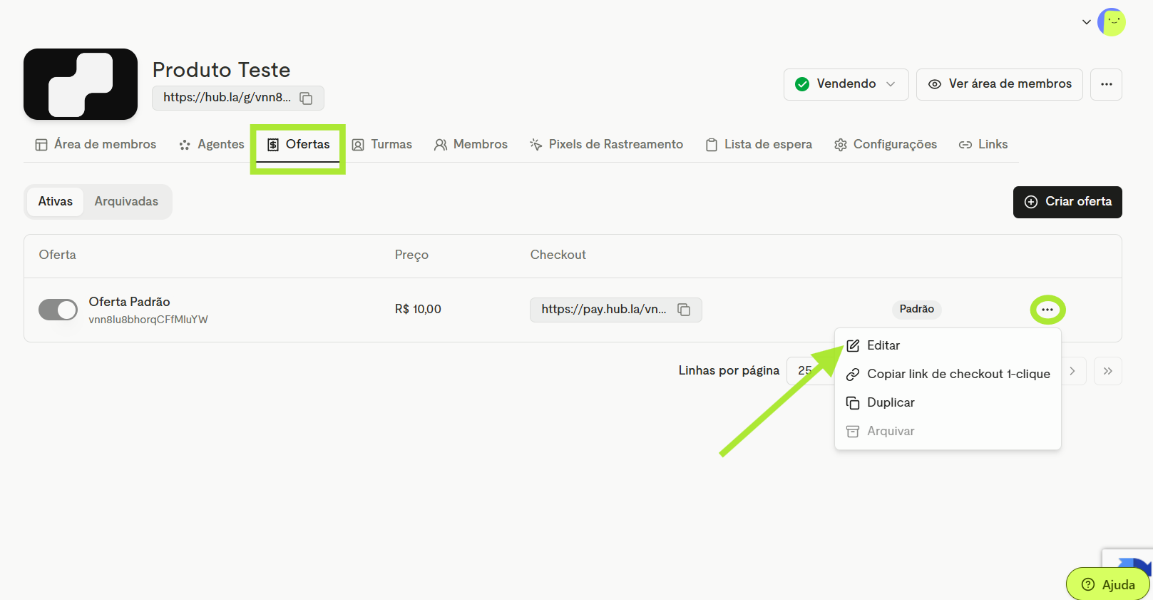 Menu dos 3 pontinhos de uma oferta com as opções Editar, Copiar link de checkout 1-clique, Duplicar e Arquivar