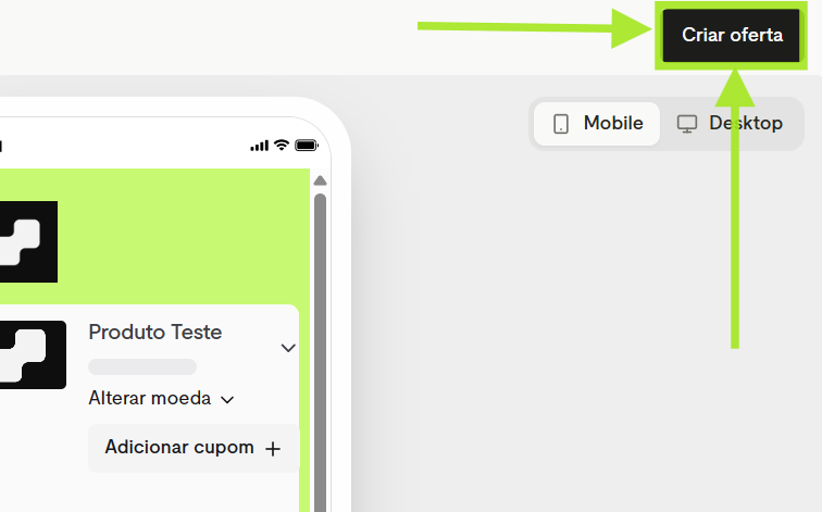 Botão Criar oferta destacado no canto superior direito, acima da prévia do checkout