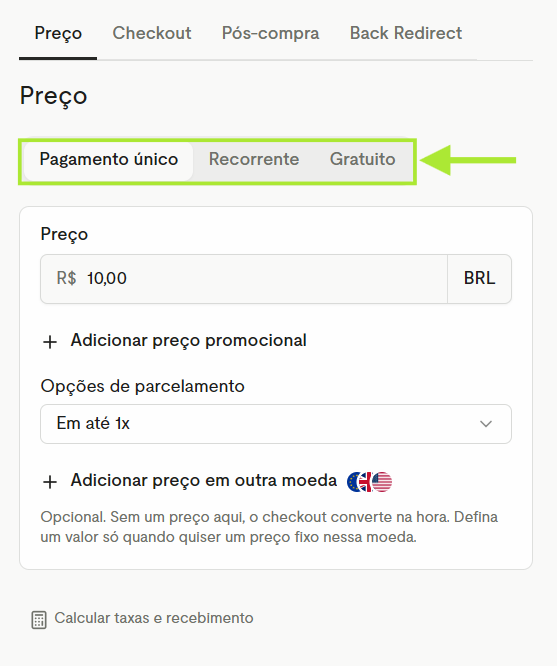Aba Preço com as opções Pagamento único, Recorrente e Gratuito destacadas