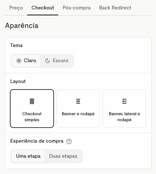 Aparência do checkout com tema, layout e experiência de compra