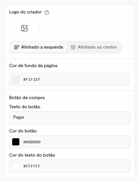 Logo do criador, cor de fundo da página e botão de compra