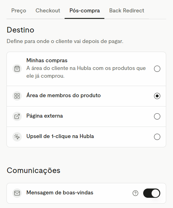 Aba Pós-compra com Destino e Comunicações