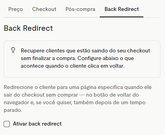 Aba Back Redirect com a opção Ativar back redirect