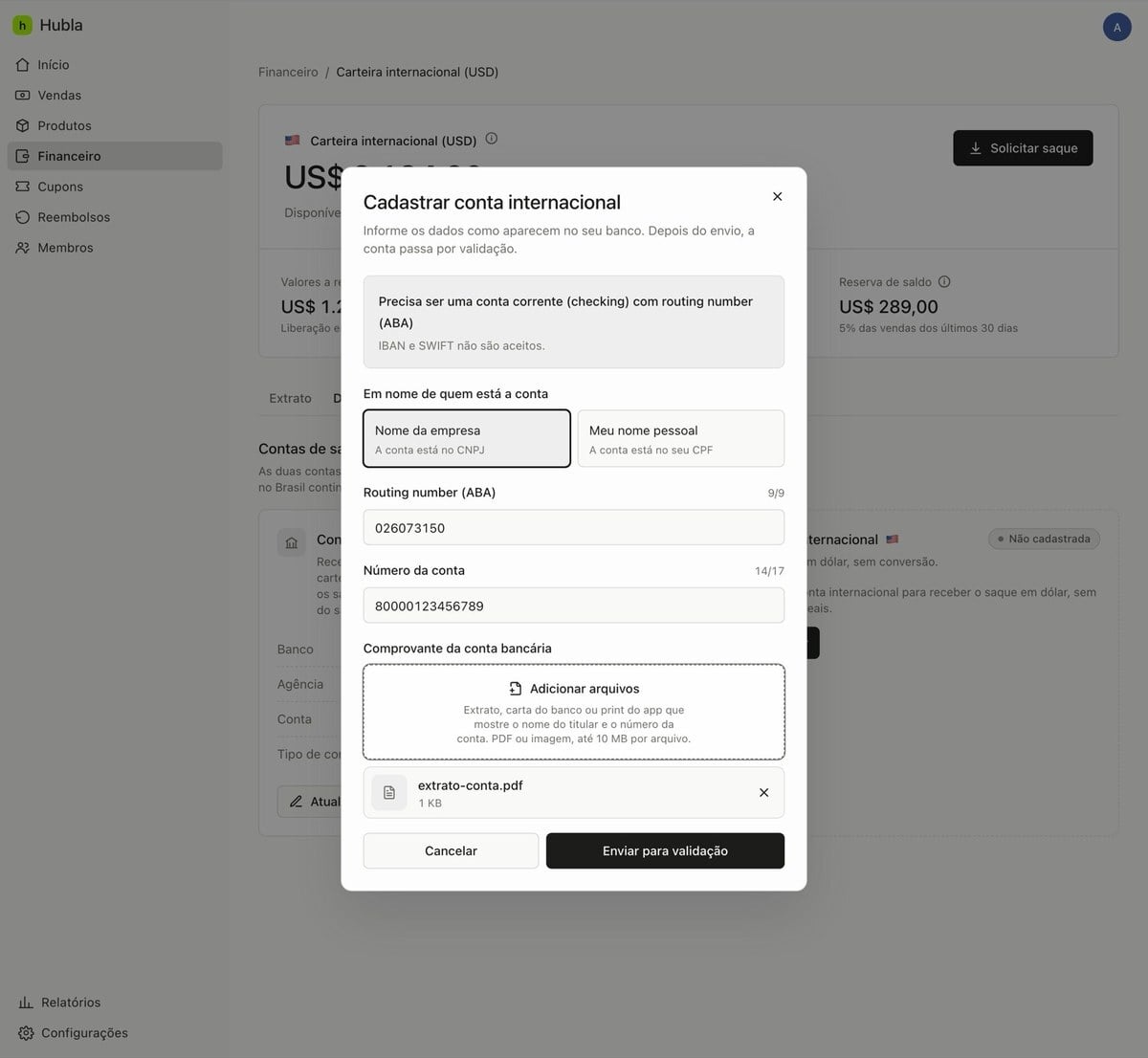 Janela Cadastrar conta internacional