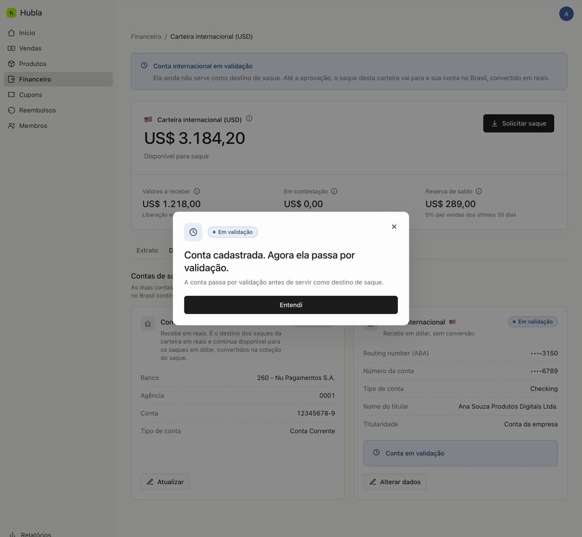 Conta internacional em validação