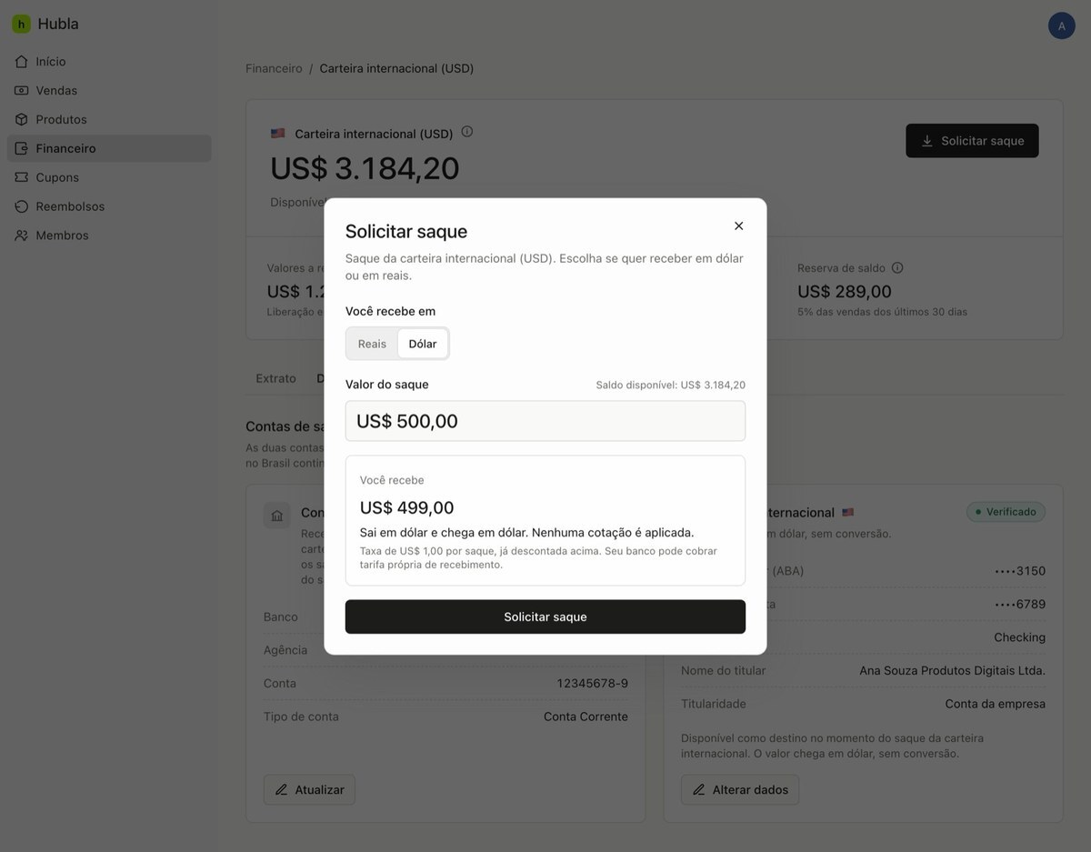 Solicitar saque com a opção Dólar selecionada