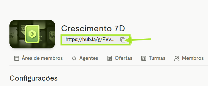 Link da página de vendas abaixo do nome do produto, com o ícone de copiar destacado