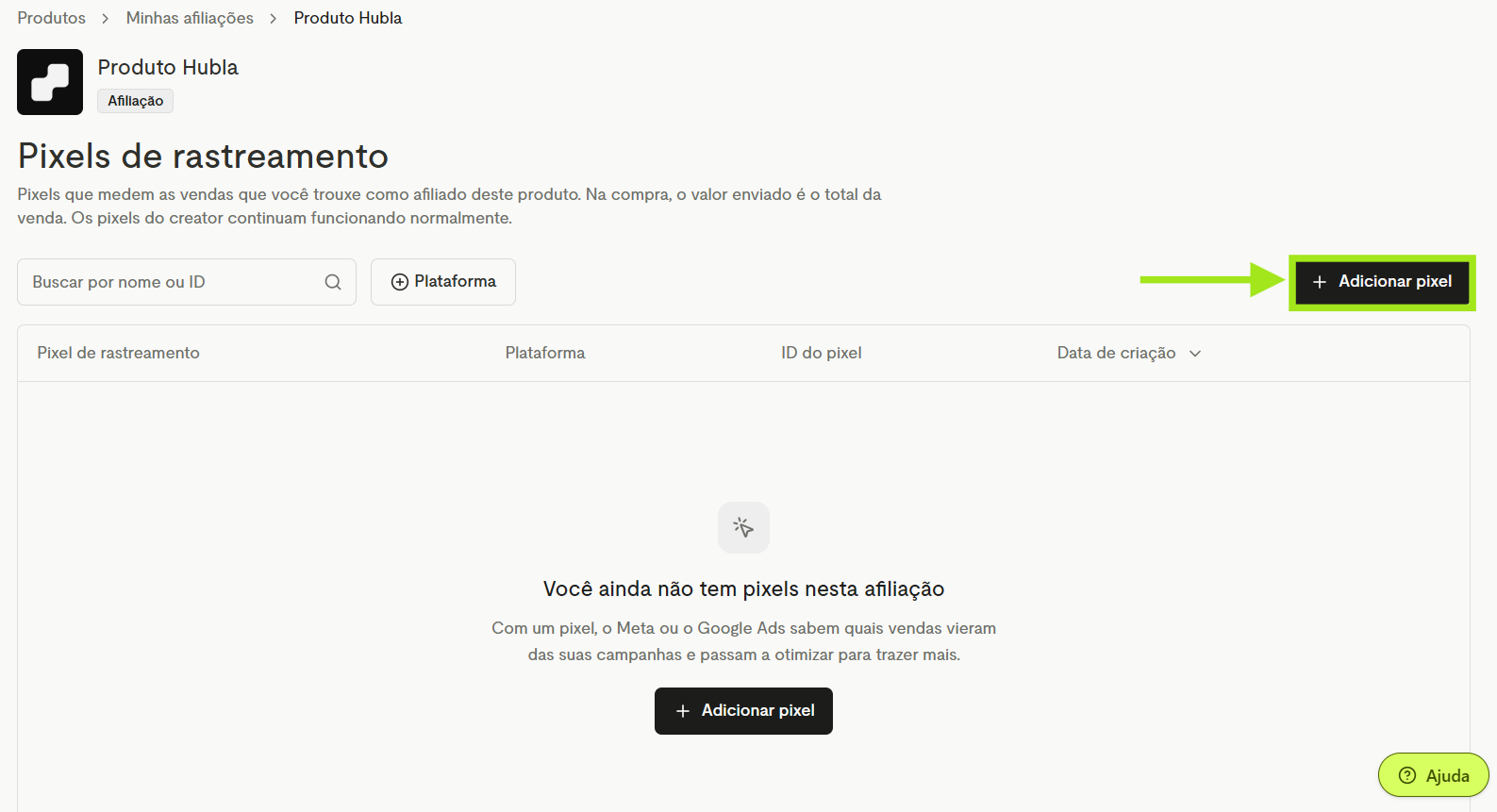 Botão Adicionar pixel na tela Pixels de rastreamento
