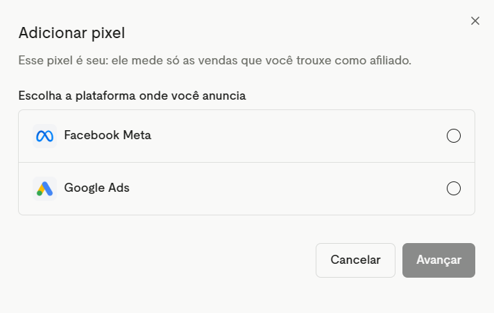 Janela Adicionar pixel com Facebook Meta e Google Ads