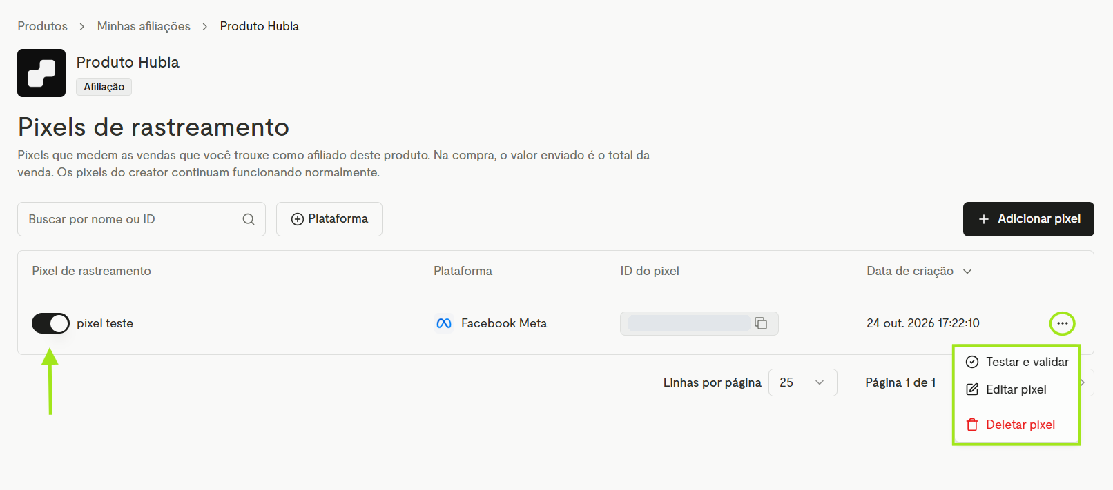 Pixel criado na lista, com a chave de ativação e o menu de opções