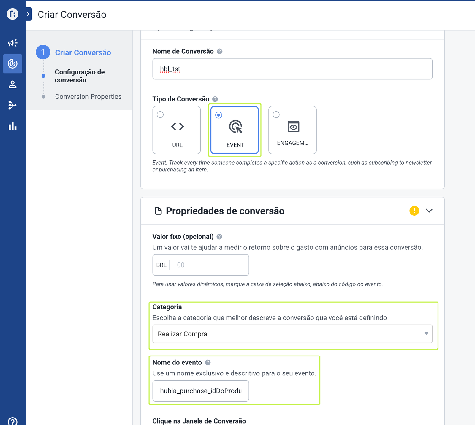 Tela Criar conversão do Taboola com Categoria e Nome do evento