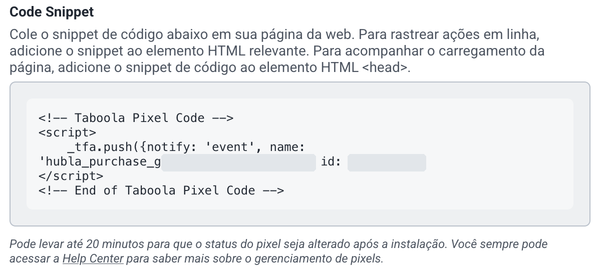 Code Snippet do Taboola com o ID do pixel