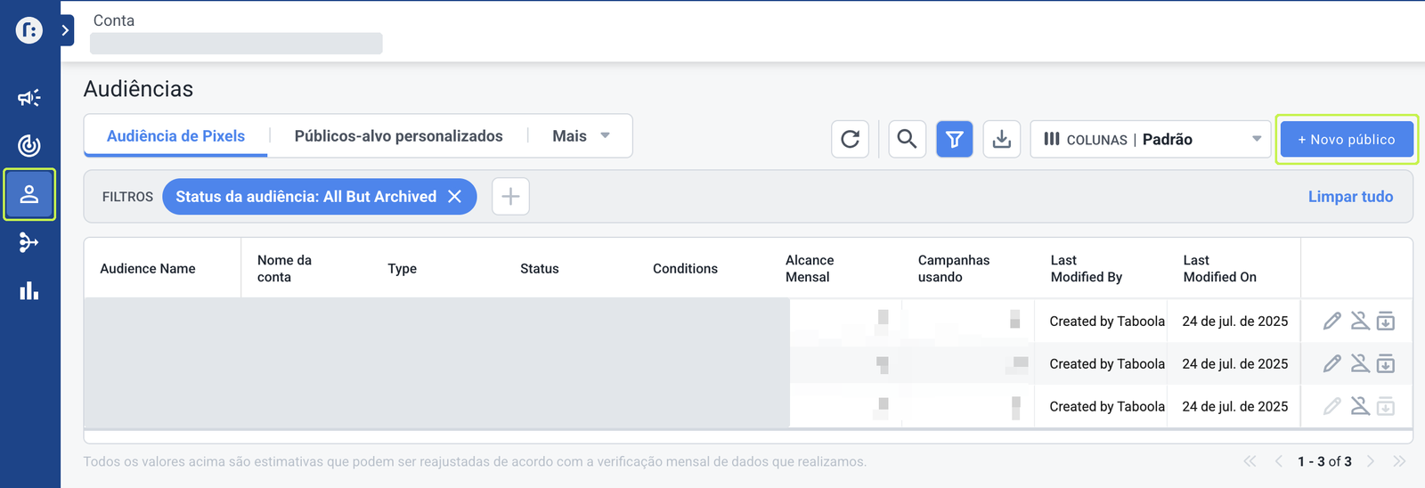 Tela Audiências do Taboola com o botão Novo público