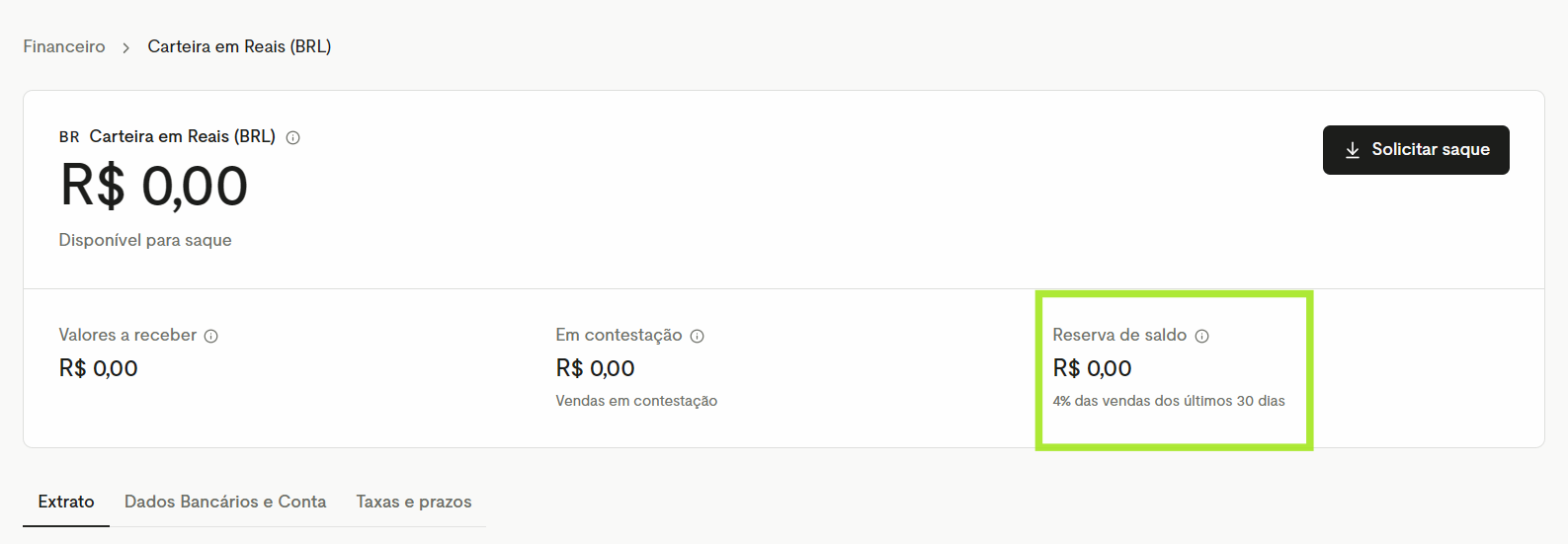Carteira em Reais no Financeiro com o campo Reserva de saldo destacado, mostrando 4% das vendas dos últimos 30 dias