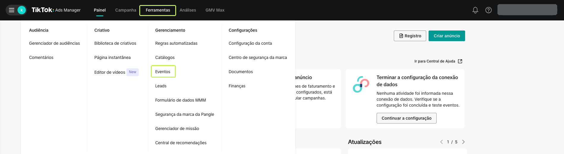 Menu Ferramentas do TikTok Ads Manager com a opção Eventos