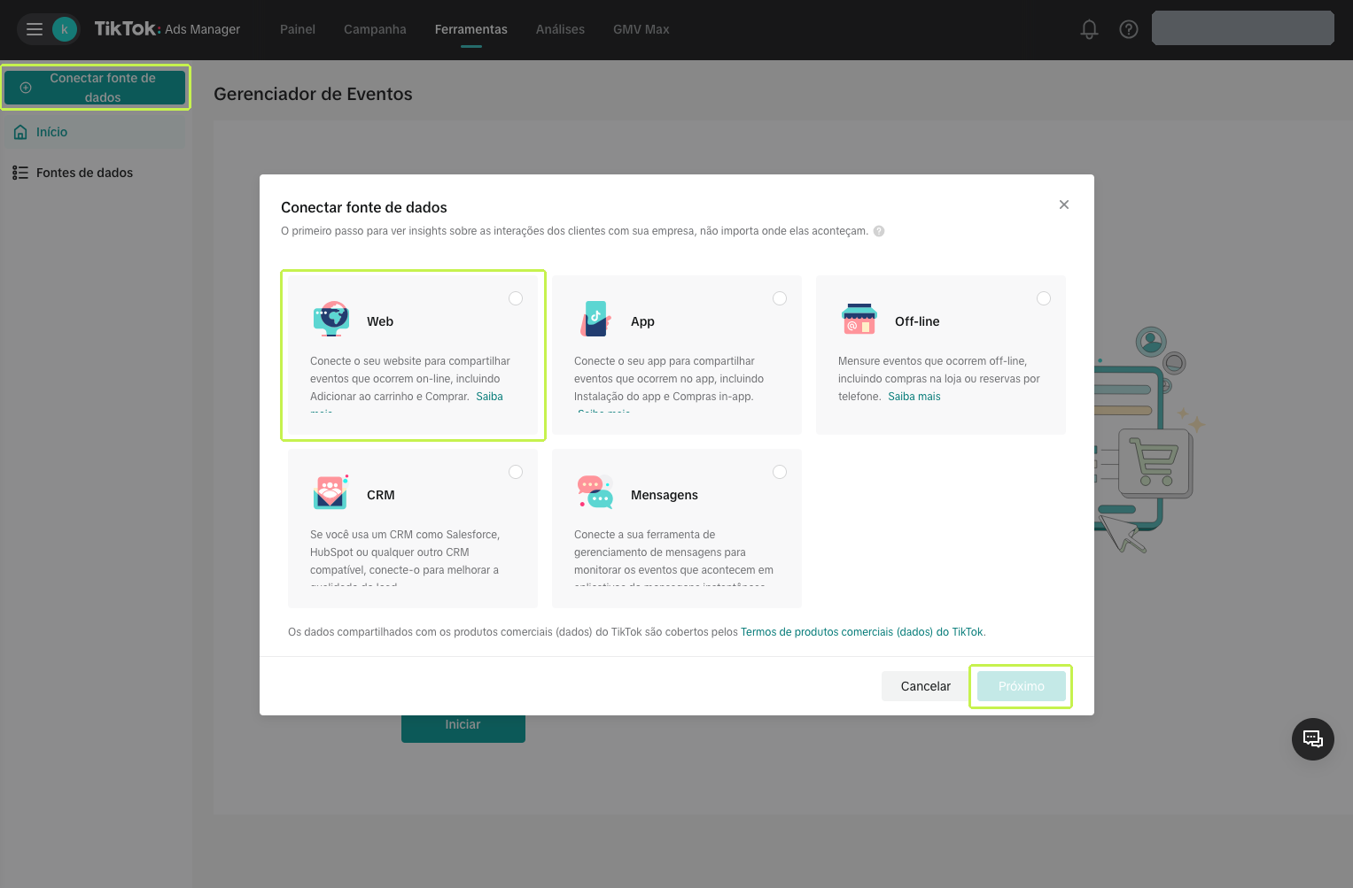 Janela Conectar fonte de dados com a opção Web
