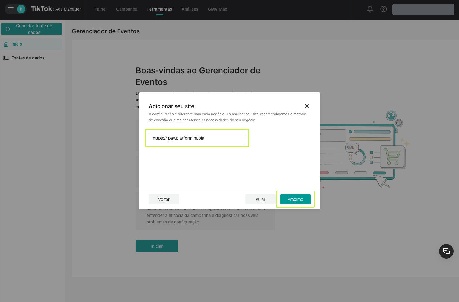 Campo para adicionar a URL do site no TikTok