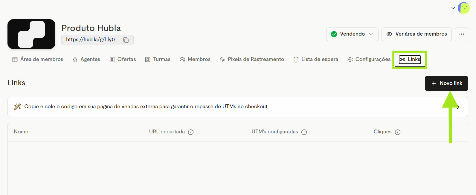 Aba Links do produto com o botão Novo link
