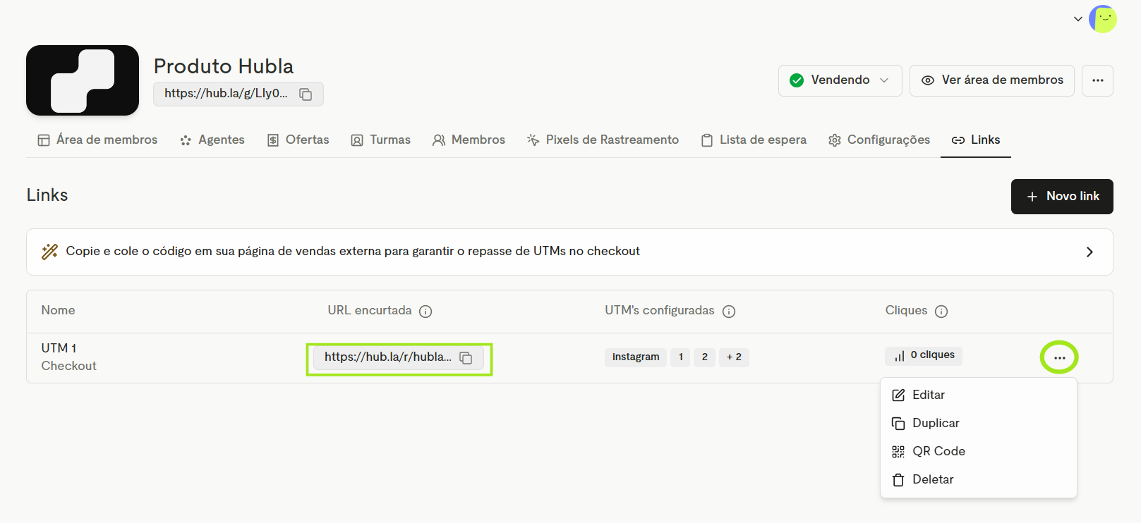 Lista de links com as UTMs configuradas e os cliques