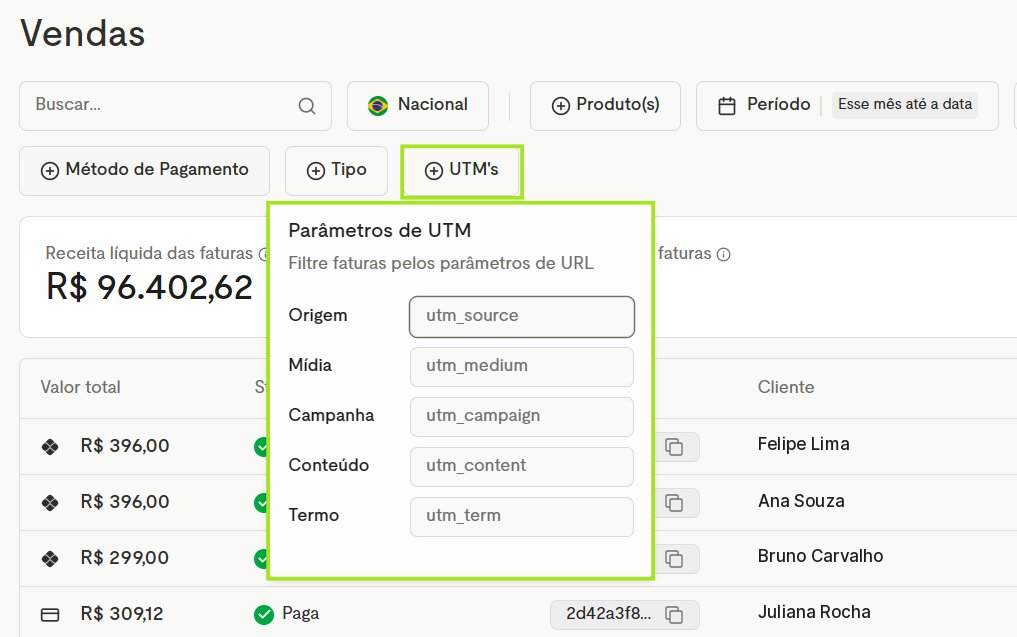 Filtro de UTMs no menu Vendas