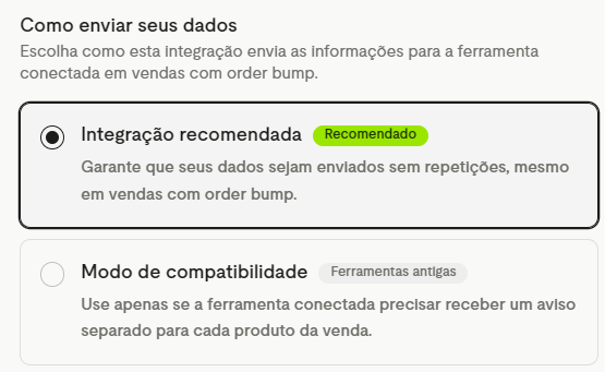 Campo Como enviar seus dados, com as opções Integração recomendada e Modo de compatibilidade