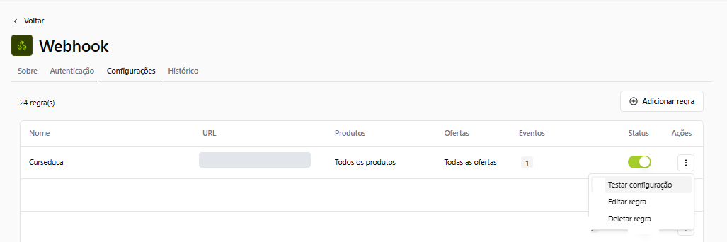 Lista de regras com o menu de ações aberto na opção Testar configuração