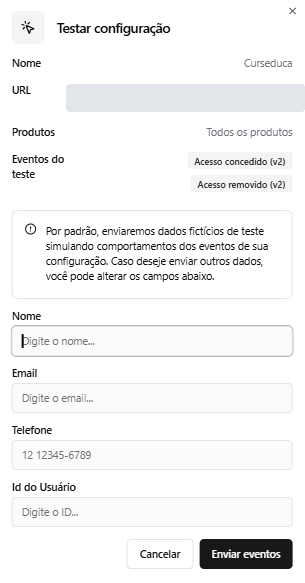 Janela Testar configuração com os campos Nome, Email, Telefone e Id do Usuário