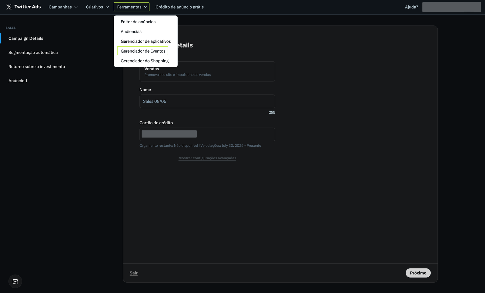 Menu Ferramentas do X Ads com a opção Gerenciador de Eventos