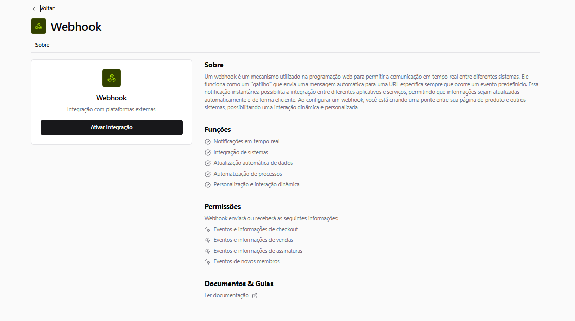 Página da integração Webhook com o botão Ativar integração